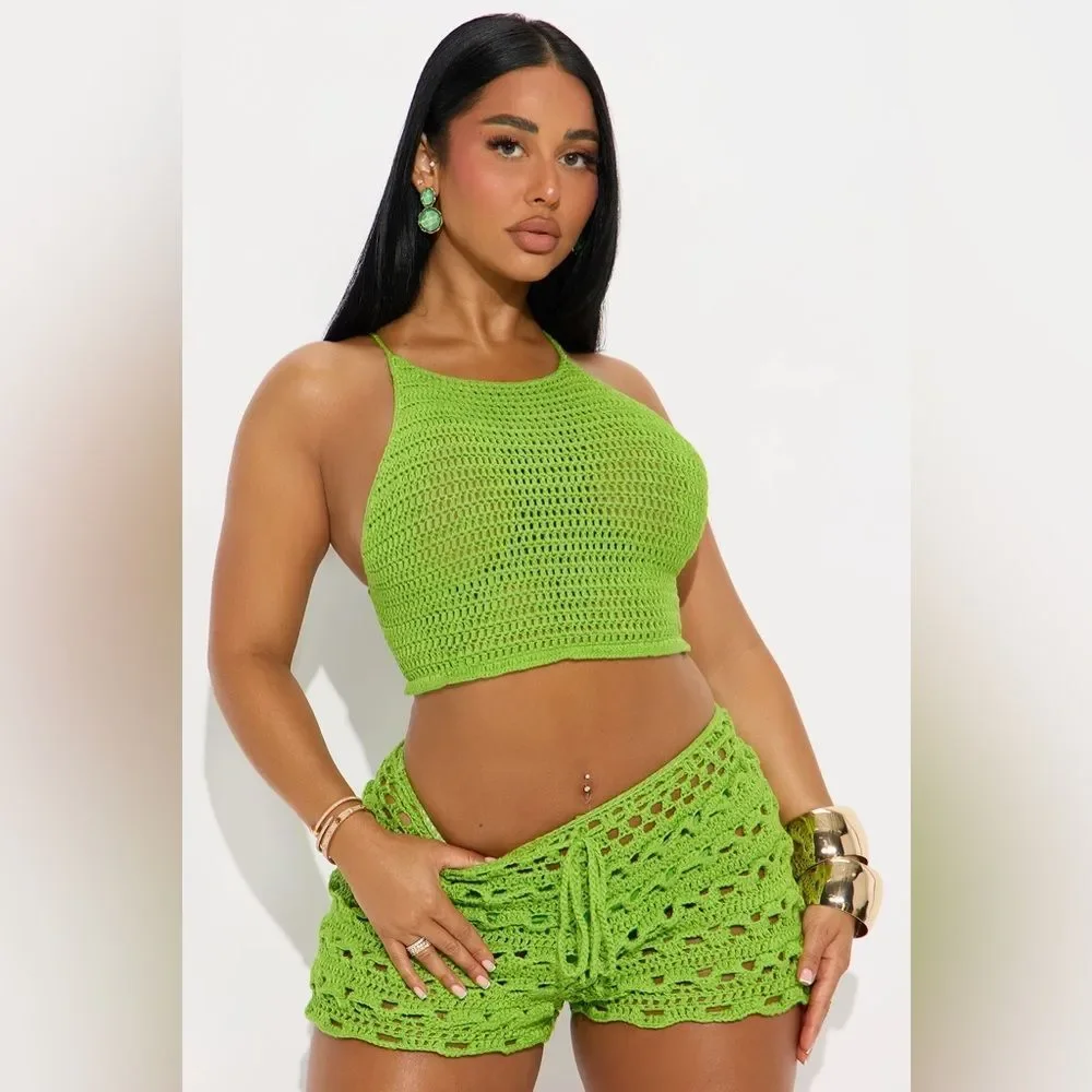 Ocean Vibe Halter Ruffle Short Set - Green - Picture 2 of 3
